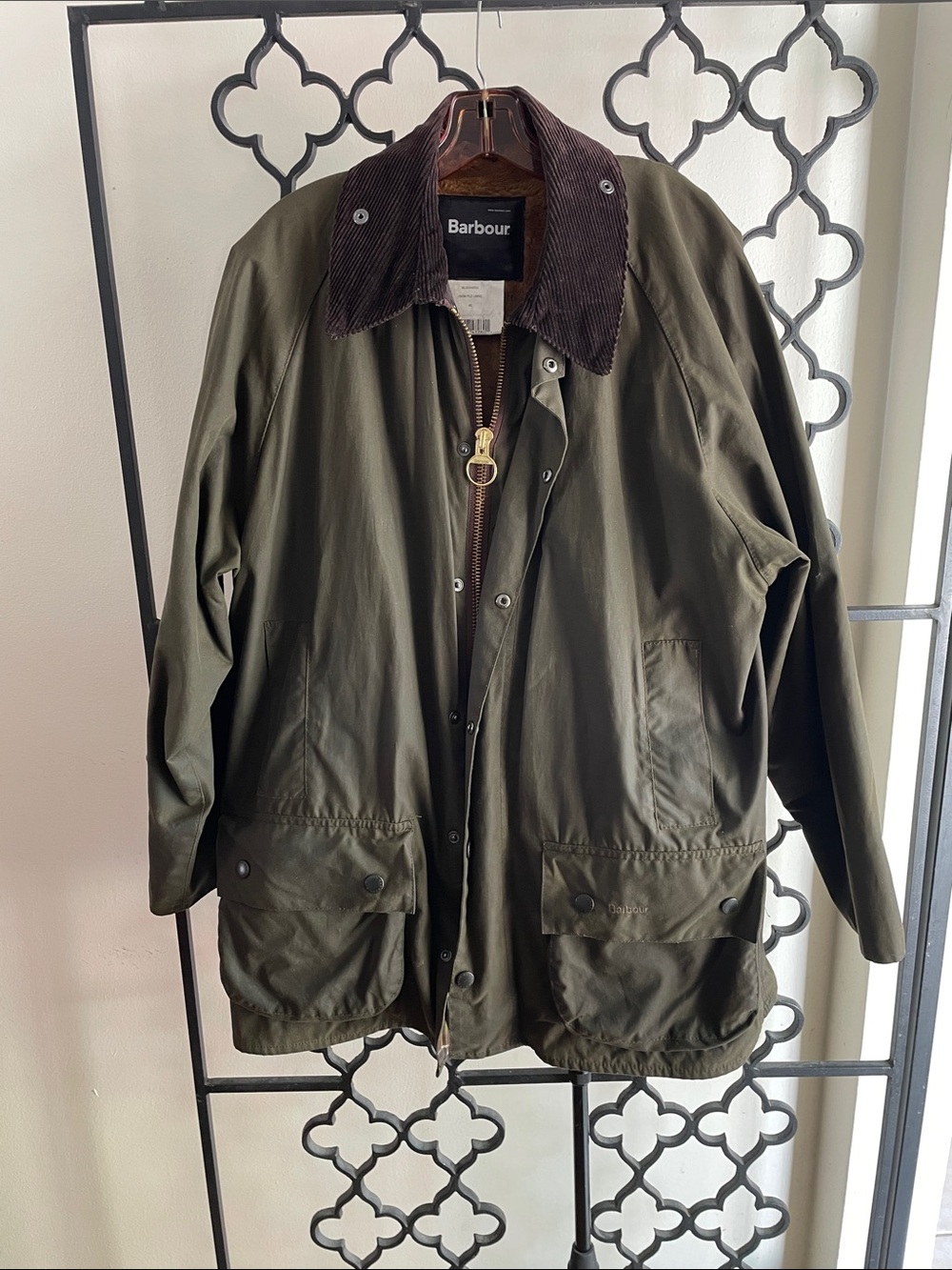 Barbour Olive Green Military Field Waxed Jacket with Brown Corduroy Collar